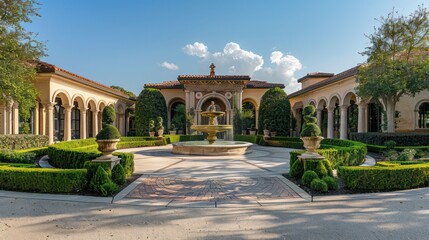 Obraz premium The entrance to a Mediterranean villa with a circular drive and a large, ornate fountain in the center, framed by neatly trimmed hedges