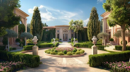 Fototapeta premium The front garden of a Mediterranean villa, with a symmetrical design featuring sculpted boxwoods and a circular flower bed in the center