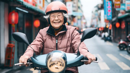 A cheerful elderly person in a red helmet and glasses riding a scooter on a bustling city street with vibrant urban background lights.