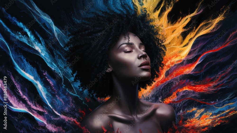 Wall mural A woman with an afro is surrounded by flames and fire, AI