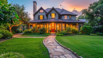 Fototapeta premium cozy, suburban farmhouse with an expansive front lawn and a charming stone pathway leading to a grand oak door