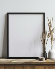 black frame with white paper mockup photo, minimalist illustrator, ornate simplicity, wood, realistic, detailed rendering, post-impressionist