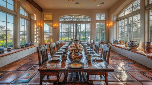 Mediterranean homea??s formal dining room with large bay windows, terracotta floors, and a long wooden table set with hand-painted ceramics