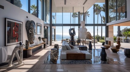 Mediterranean home with a private art gallery, featuring floor-to-ceiling windows and a collection of modern sculptures and paintings