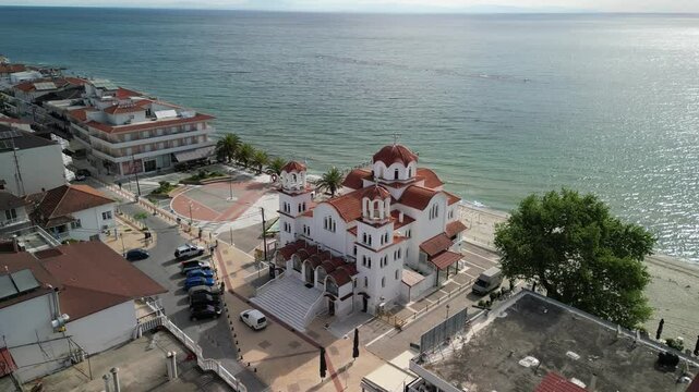 Aerial video above Holy Church of Saint Photine in Greece