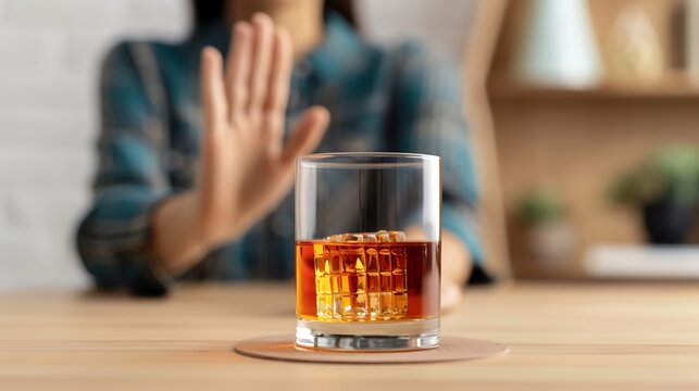 A person in a plaid shirt gesturing to refuse an alcoholic drink, emphasizing avoidance or abstinence from alcohol. Clear glass on a wooden table.