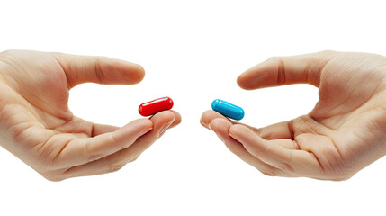 Fototapeta premium Man Hands Holding Red and Blue Pills, Decision-Making Concept, Choice Between Pills, Health Care Decision, Medication Options, Isolated on White Background