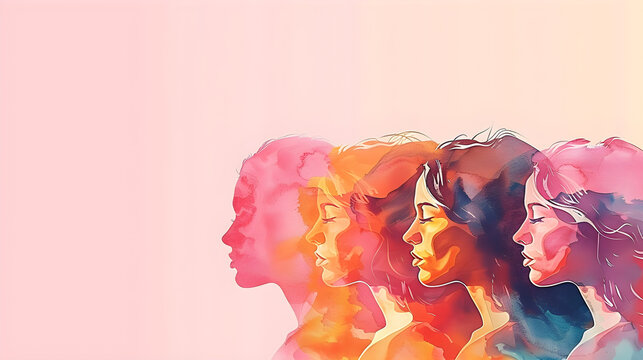 Artistic watercolor portrait of women on a pink background, ideal for International Women's Day and female empowerment themes with copy space.