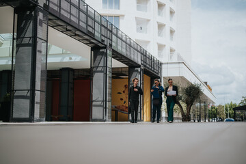 Three business professionals walking and discussing outside a modern building. They appear to be engaged in a vibrant work conversation.