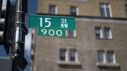 Obraz premium I street NW and 15th street NW street signs in downtown Washington DC symbolizing lobbying and corruption in nations capital