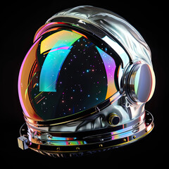 Fototapeta premium Holographic Iridescent Astronaut Helmet Isolated on Black Background, Space Suit Visor, Futuristic Space Exploration, Cosmic Helmet Design