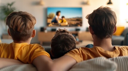 Three family members enjoy quality time watching television in a comfortable and cozy living room, highlighting family bonding, relaxation, and home entertainment.
