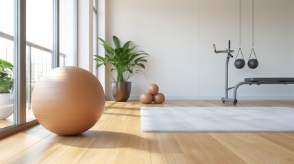 A modern home gym setup featuring an exercise ball, workout equipment, and plants, embodying fitness, wellness, and a contemporary lifestyle focused on health.