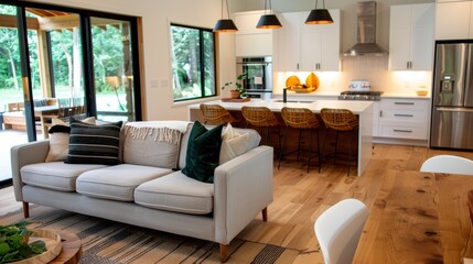 Modern open-concept kitchen and living area featuring a comfortable sofa, dining table, and island with bar stools, all accentuated by wooden floors and pops of color.