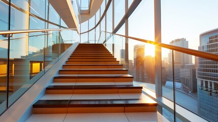 A stunning modern architectural staircase made of glass with wooden steps leading up, surrounded by large windows that offer a breathtaking city skyline view at sunrise.