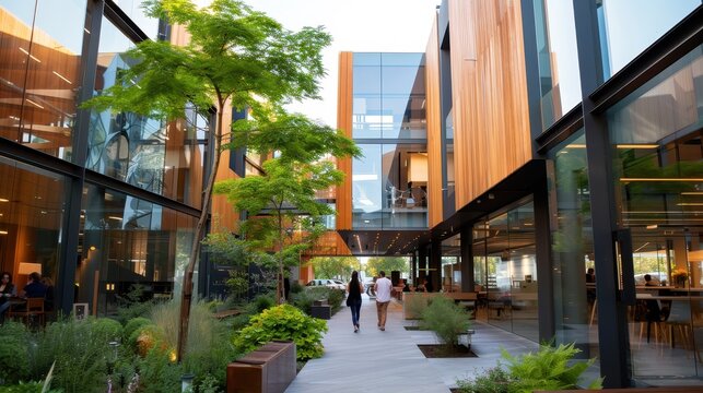 A contemporary office courtyard featuring wooden structures, large windows, lush greenery, and people walking between the buildings during the day. - Powered by Adobe
