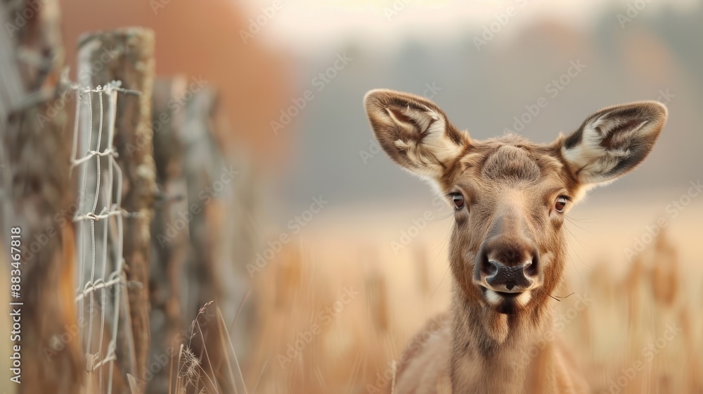 Poster a gentle moose stands next to a rustic fence in an autumn setting, framed by colorful foliage and a 