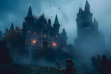 Spooky old gothic castle, foggy night, haunted mansion