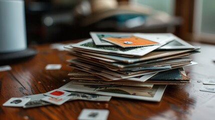 A variety of vintage photographs and slides scattered on a rustic wooden table surface, capturing memories and stories of the past with a nostalgic touch.