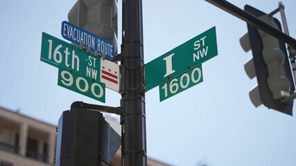 I street NW and 16th street NW street signs in downtown Washington DC symbolizing lobbying and corruption in nations capital