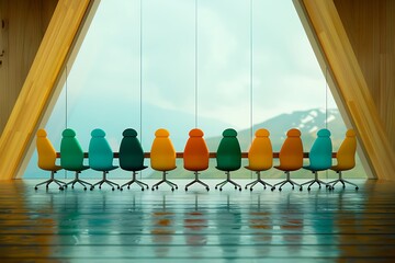 An alumni network meeting in a modern style, captured from a medium shot angle with a symmetry composition and a motion blur effect, illuminated by soft light, featuring a jewel tones color scheme.