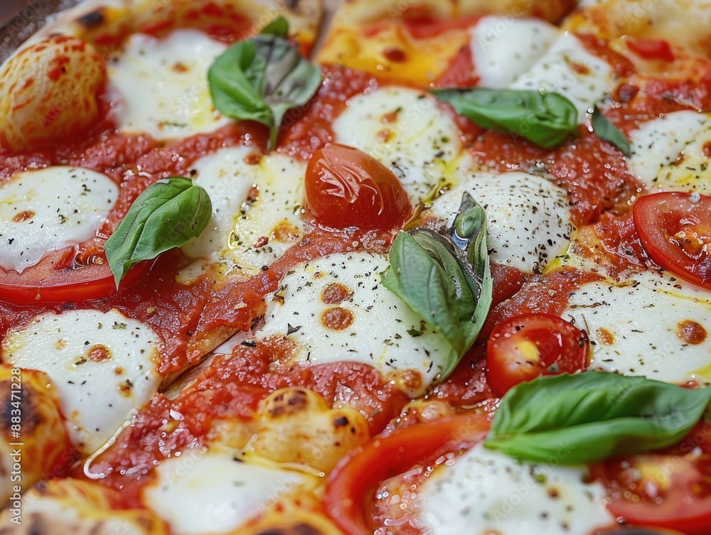 Sticker pizza close-up with tomatoes and cheese