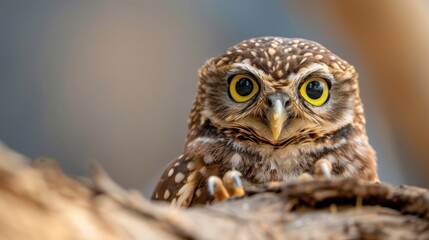 Fototapeta premium The image captures a close-up of an owl with large, enchanting yellow eyes, exuding a sense of wisdom, mystery, and the captivating beauty of wildlife.