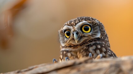 Fototapeta premium Featuring a close-up of an owl, this image highlights the bird's large, expressive yellow eyes, invoking feelings of curiosity, mystery, and natural beauty.