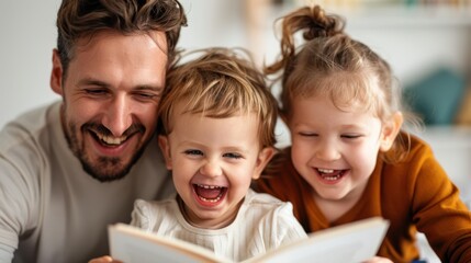 A father reads a book to his smiling young children, capturing a moment of shared joy, learning, and familial bonding within the cozy comfort of their home.