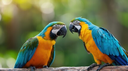 Fototapeta premium Two colorful parrots with vibrant blue and yellow feathers are perched on a natural branch, surrounded by a lush green background with a bokeh effect.