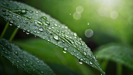 Green leaves with morning dew drops. Water droplets falling from green leaf
