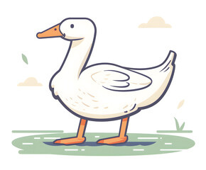 Obraz premium This highquality illustration features a white duck on grass against a sky background, perfect for childrens books and themes related to animals, cartoons, and nature