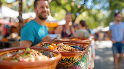 A man enjoys browsing vibrant dishes of food at an outdoor market, smiling while surrounded by a variety of appetizing food in terracotta bowls under the shade of trees.