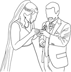 Bride puts wedding ring on groom's finger outline  illustration. Female in suit puts a wedding ring on the male's finger. Simple illustration, isolated on transparent background.