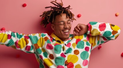 Fototapeta premium A joyful man in vibrant polka dot pajamas, stretching and smiling against a pink wall, capturing a moment of happiness and carefree spirit in a playful setting.