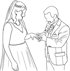 Groom puts wedding ring on bride's finger outline  illustration. Male in suit puts a wedding ring on the female's finger. Simple illustration, isolated on transparent background.