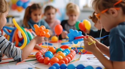 The image shows a group of children enthusiastically working with colorful balloons and craft materials at a table, participating in a fun and creative group activity.