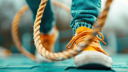 A close-up shot of a child's feet wearing orange shoes and blue jeans, skillfully jumping rope on a blue surface, capturing the playful energy and concentration in the moment.