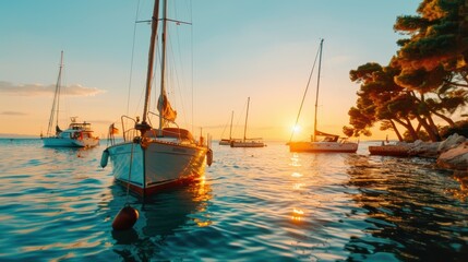 Obraz premium Sailing boats anchored in calm harbor waters catch the warm hues of the setting sun, creating a scenic and tranquil view that highlights the serene beauty of a peaceful evening on the water.
