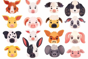 Obraz premium Set of cute farm animal faces.