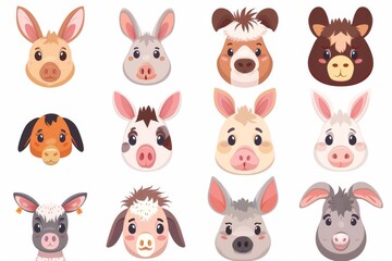Set of cute donkey faces.