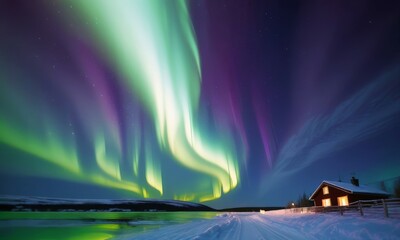 Beautiful aurora borealis northern lights in the sky over mountains