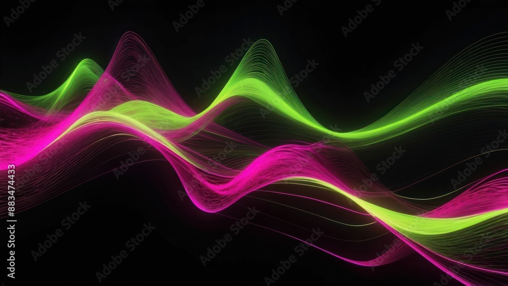 Poster magenta and lime green futuristic energy waves pulsating in a flow of digital data
