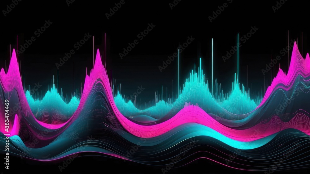 Poster turquoise and neon pink futuristic data streams undulating in a mesmerizing digital wave