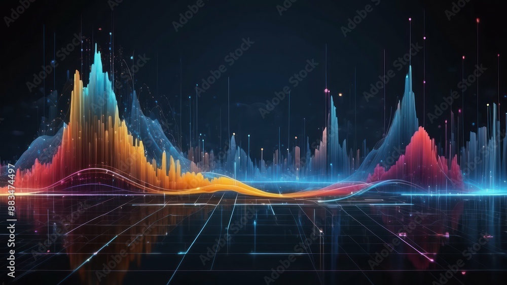 Poster abstract data flow background with streaming information, colorful waves, and digital graphs