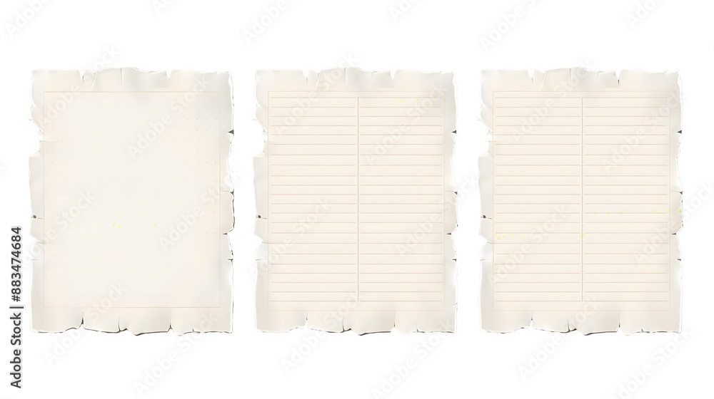 Poster set of vector realistic illustrations of a torn sheet of paper from a workbook with shadow, isolated