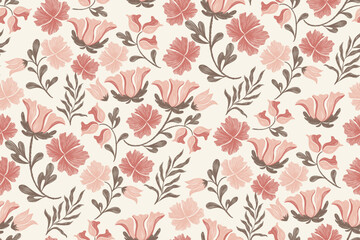Floral pattern vintage wallpaper motif flower border. Pink flowers trailing seamless design embroidery Ikat textured hand drawn vector illustration.  © Wita Pixs