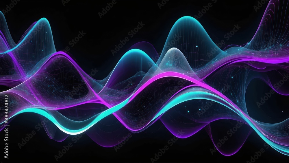Poster futuristic synaptic waves in neon purple and cyan representing neural data flow