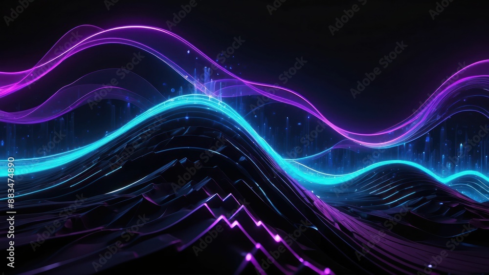 Poster blue and purple ai waves pulsing in a binary digital futuristic style