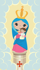 Illustration of virgin of the pillar, virgin mary with child, pillar, column, child jesus with dove, holy spirit, clouds, warm colors, religious images